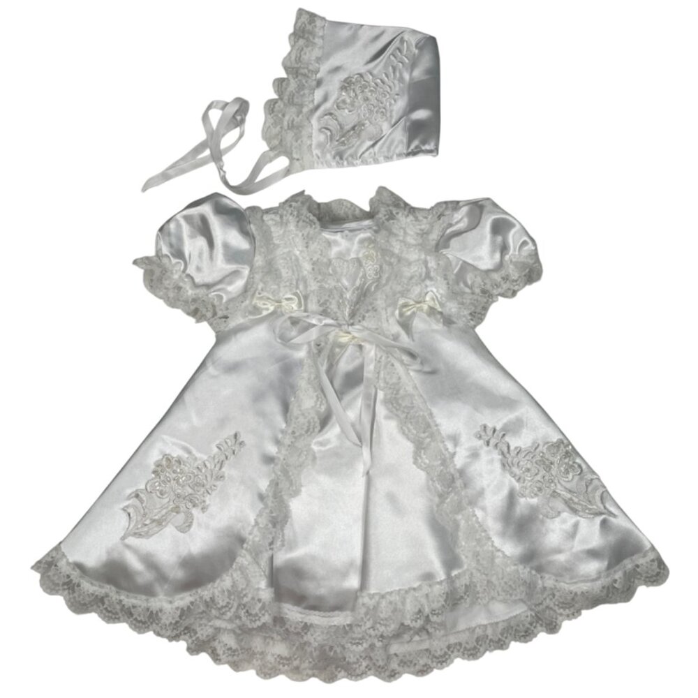 K.I.D. Collection Lace Trim White Christening Gown Baptism Dress Bonnet Cape Set